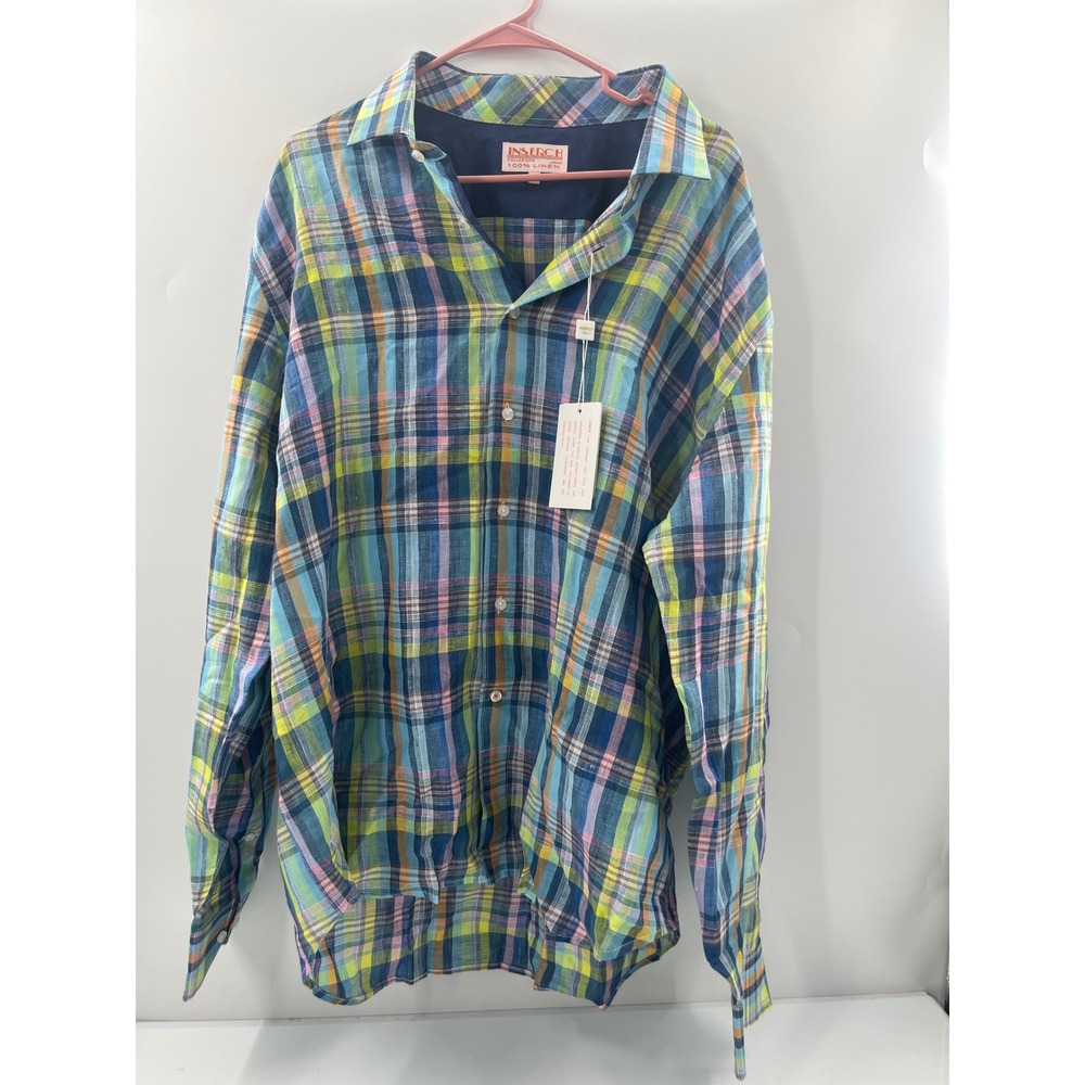 Inserch Limited Edition Mens 2XL 100% Linen Plaid Button Down Shirt Multi Color